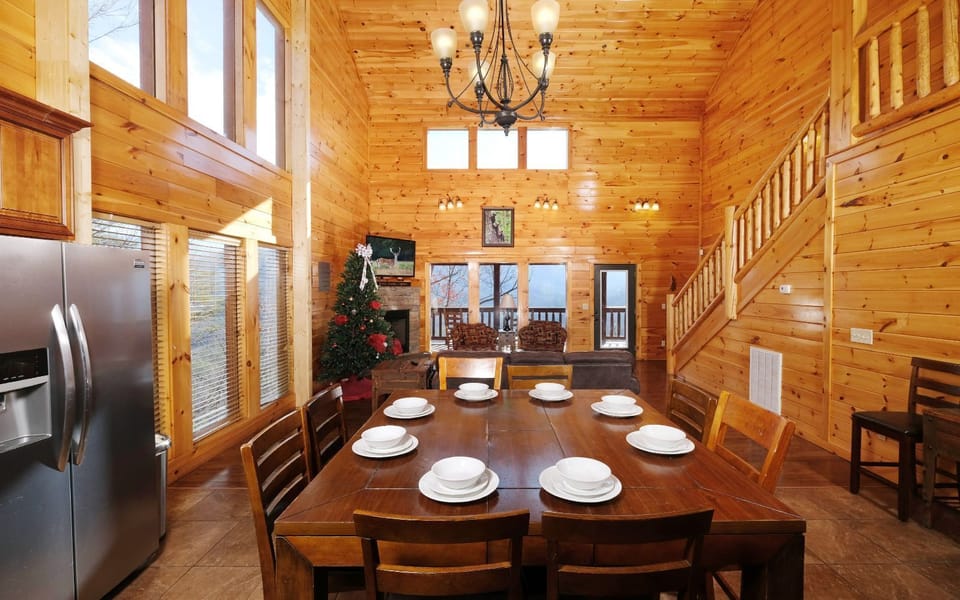 Gather for meals in a cabin-style kitchen - warmth & mountain charm.