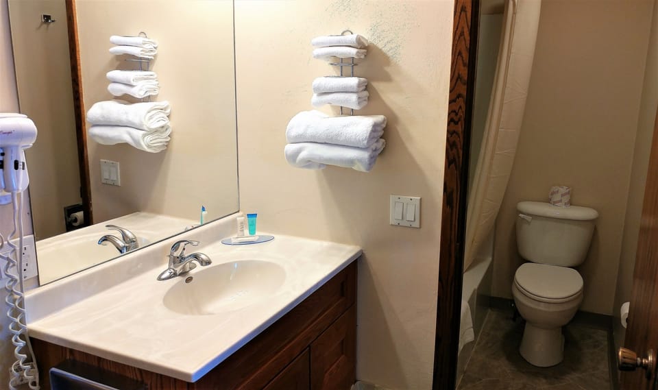 Standard Double Room, 2 Double Beds | Bathroom | Combined shower/tub, free toiletries, hair dryer, towels