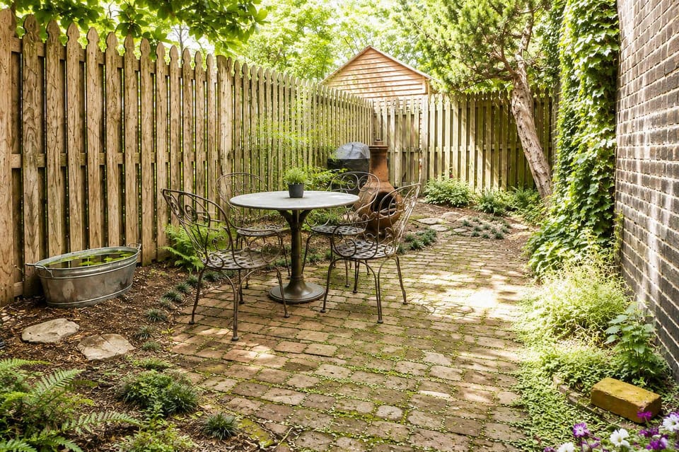 A peaceful private garden tucked away at the rear of the property, featuring a charming patio, comfortable bistro seating, and lush greenery. It’s a lovely spot to enjoy your morning coffee, relax with a book, or unwind outdoors