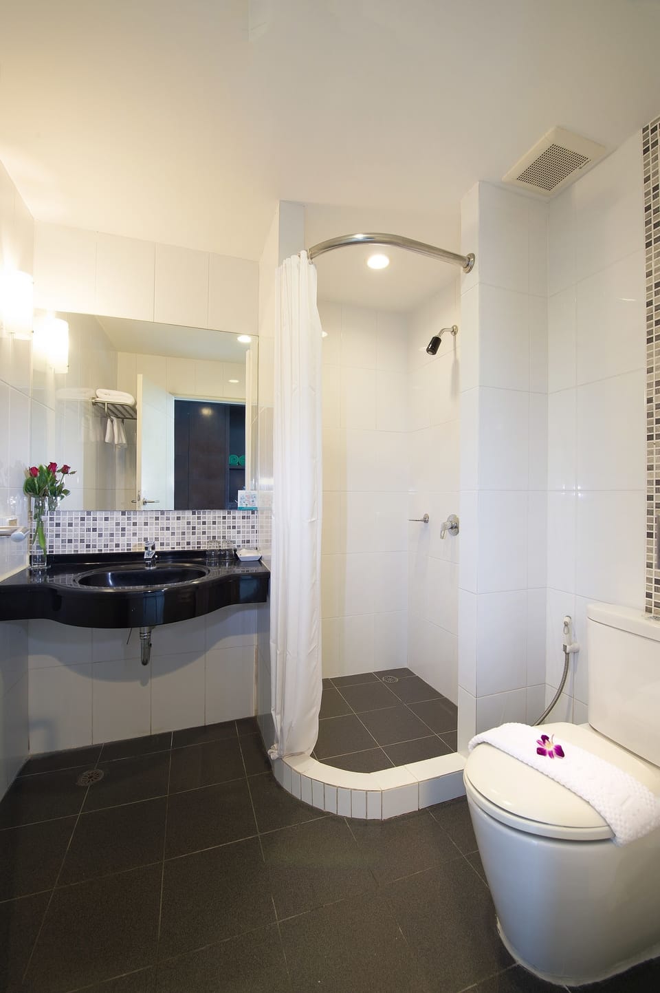 Shower, free toiletries, hair dryer, towels