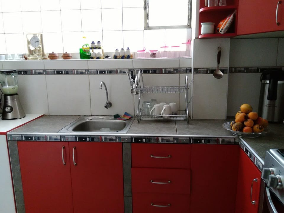 Fridge, microwave, stovetop, cookware/dishes/utensils