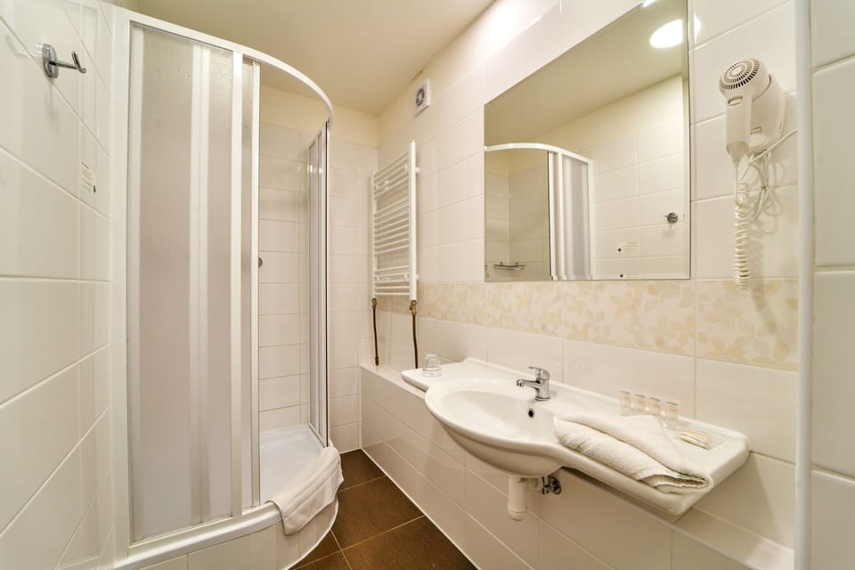Shower, free toiletries, hair dryer, towels