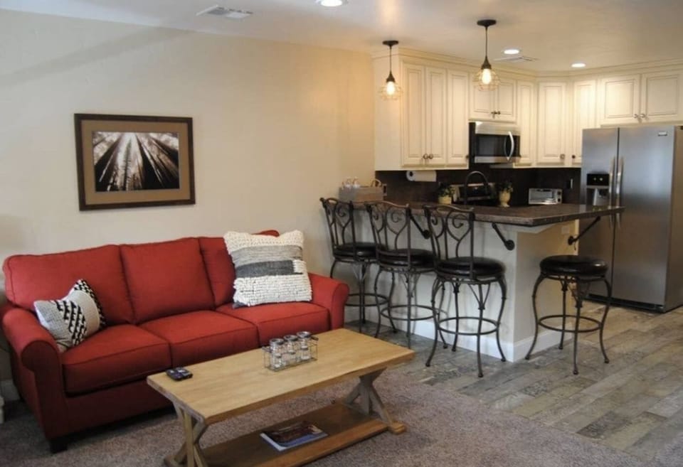 Fold out couch
Counter seating 