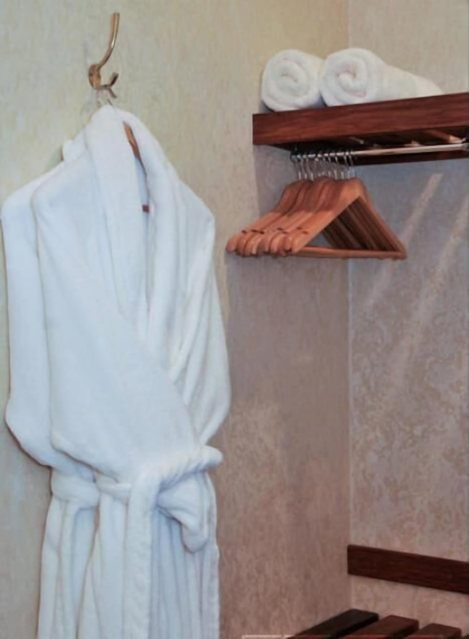 Shower, rainfall showerhead, hair dryer, bathrobes