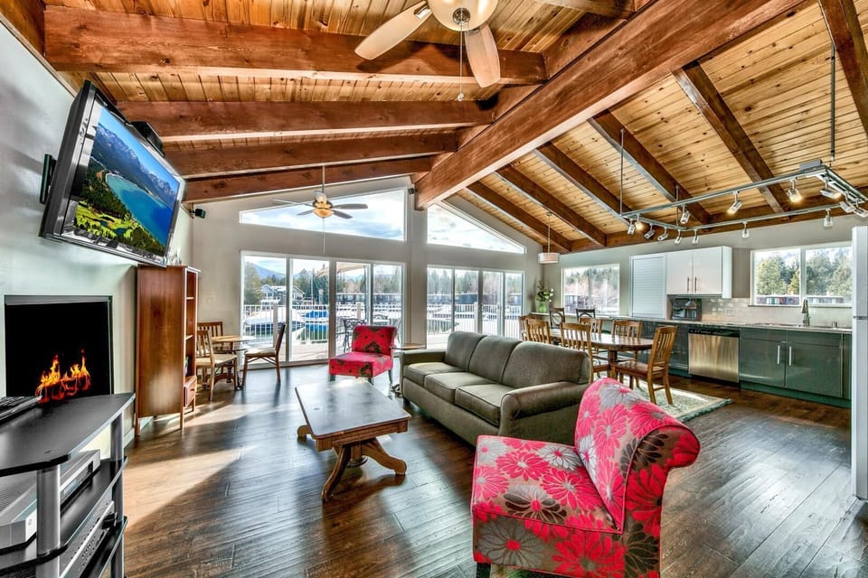 Open-concept living room with seating for five