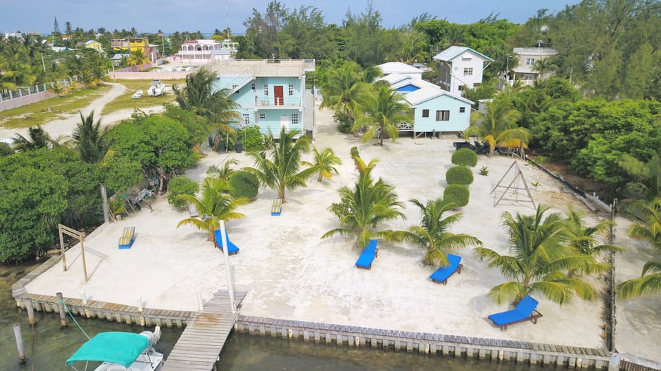 Ariel view of the property showing the private beach dock lounge chairs etc