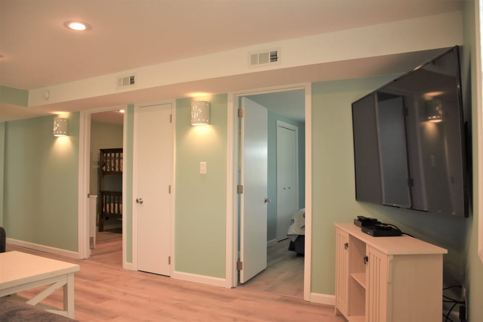 Lower level living room with flat screen TV