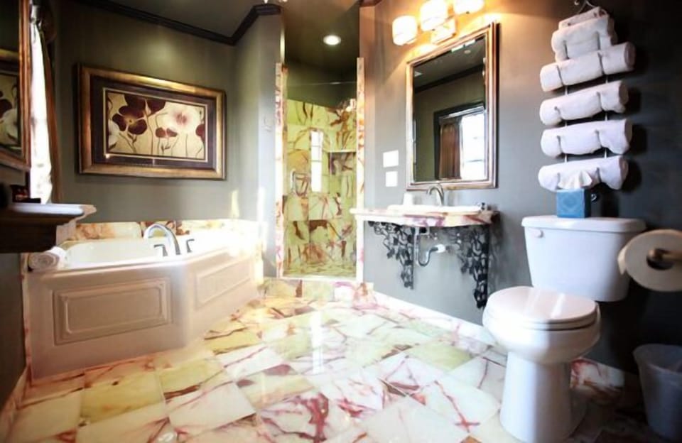 Combined shower/tub, free toiletries, hair dryer, towels