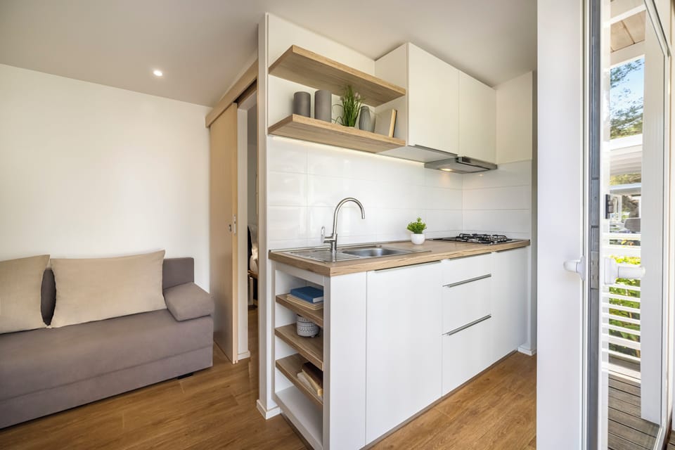 Standard Mobile Home | Private kitchen | Full-size fridge, microwave, stovetop, electric kettle