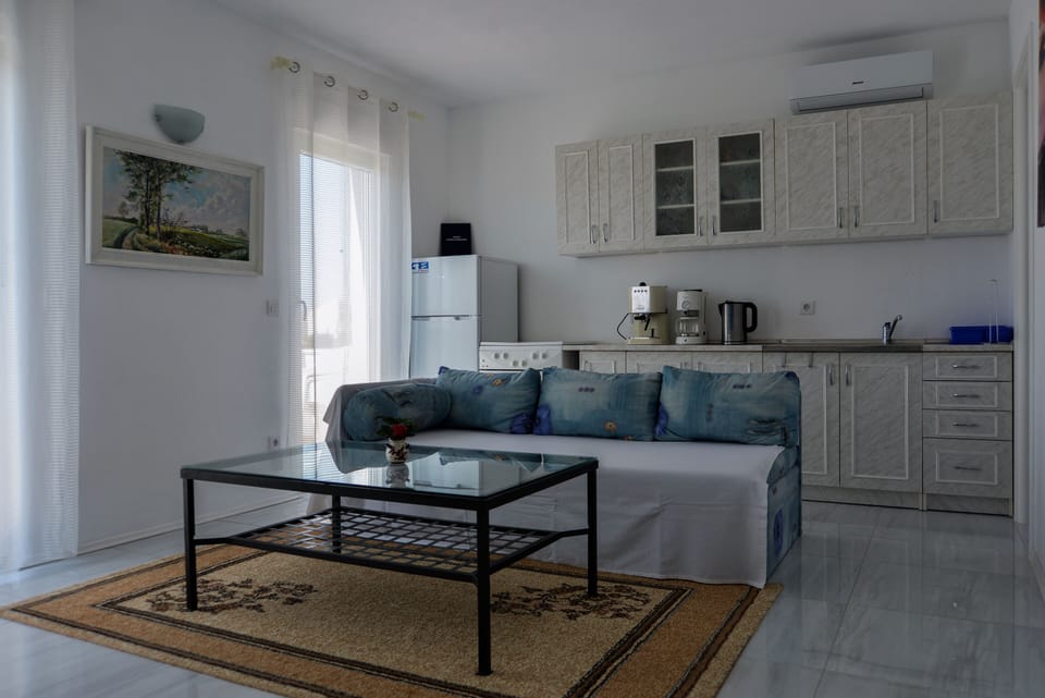 Living room with sofa bed, kitchen and dining area.