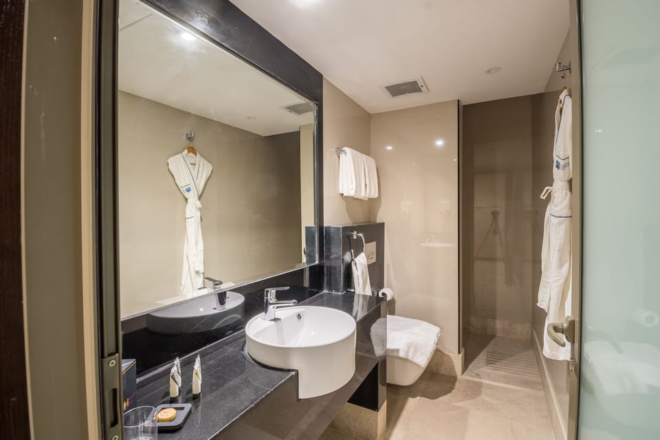 Combined shower/tub, free toiletries, hair dryer, bathrobes