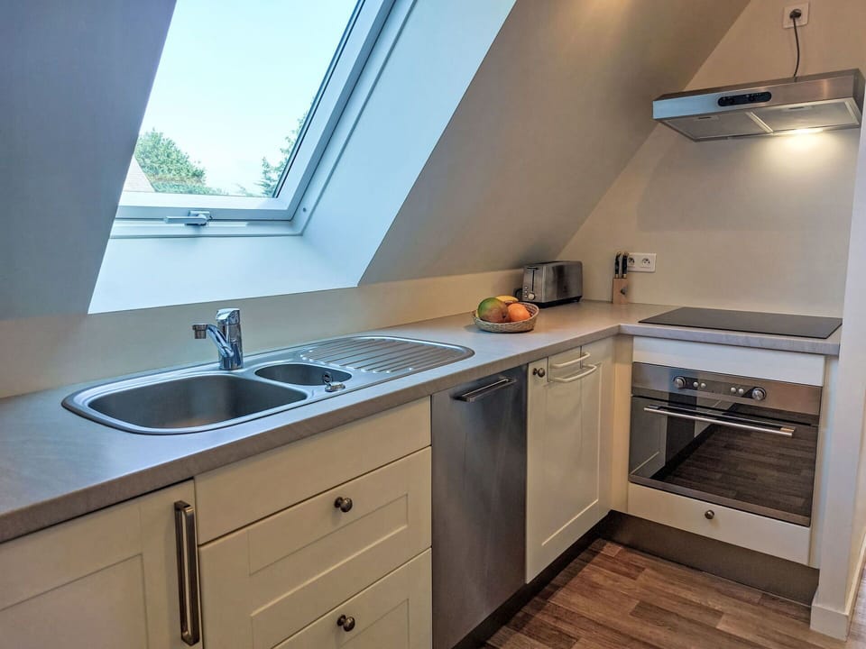 Kitchen, Flooring, Countertop, Interior Design, Plumbing Fixture, Floor, Major Appliance, Ceiling, Cabinetry, Sink