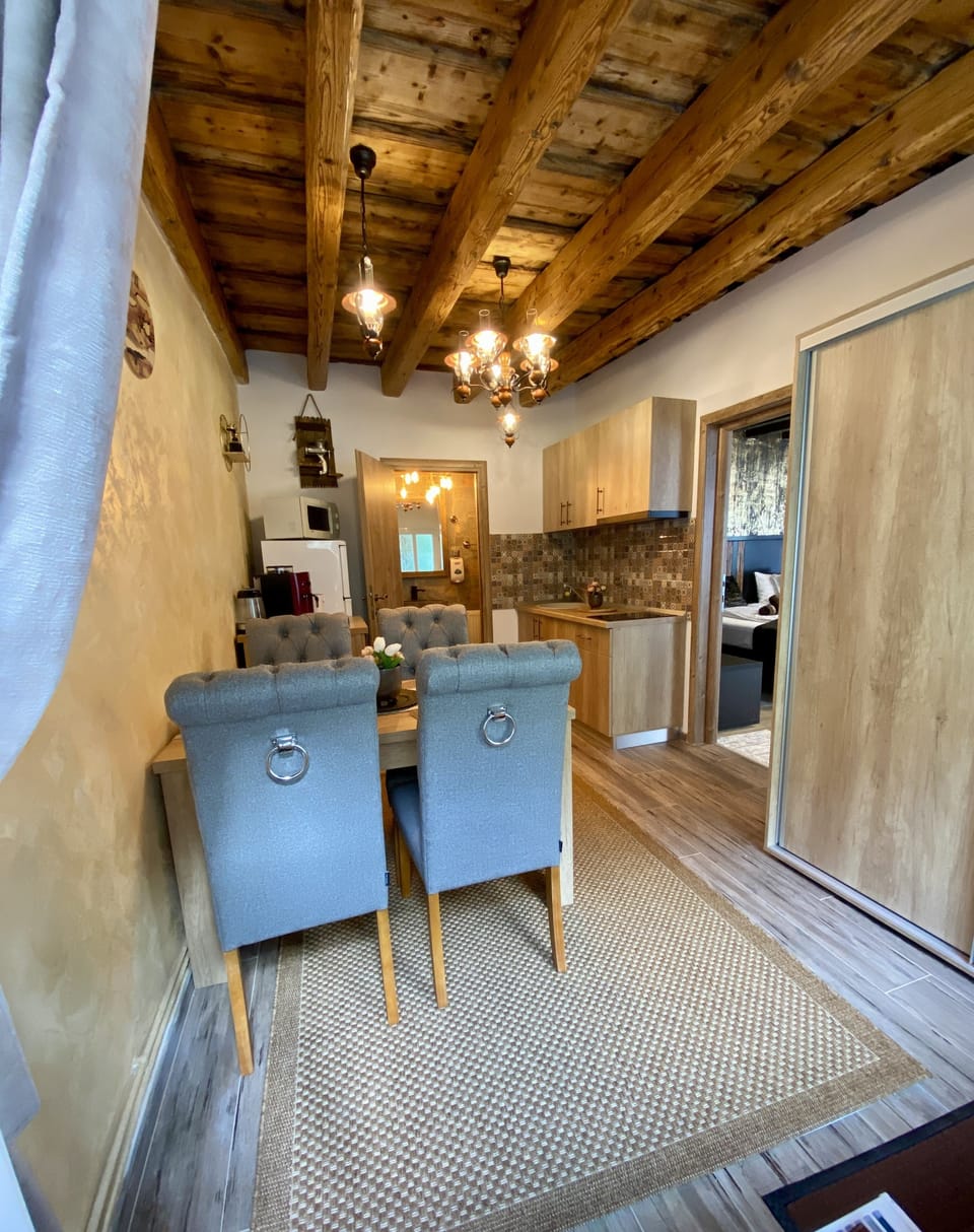 Deluxe Studio | Private kitchen | Full-size fridge, microwave, oven, stovetop