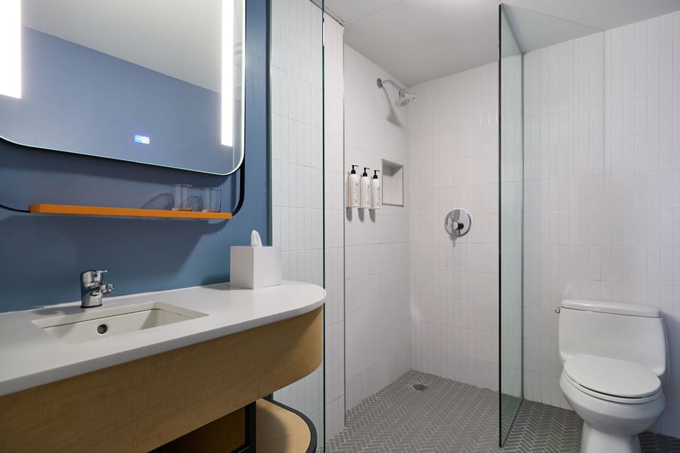 Combined shower/tub, hair dryer, towels