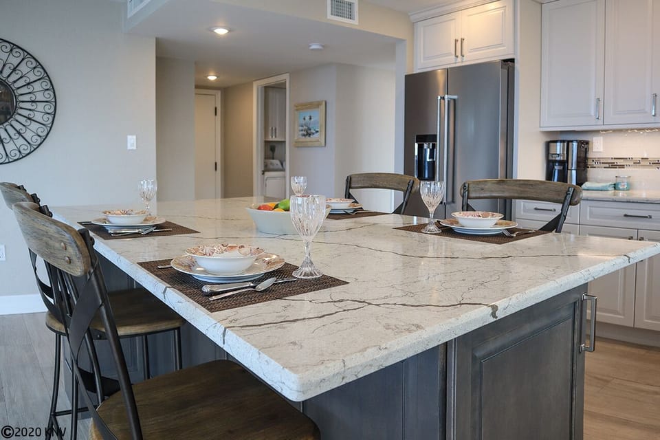 High end features throughout this beautiful kitchen and dining area.