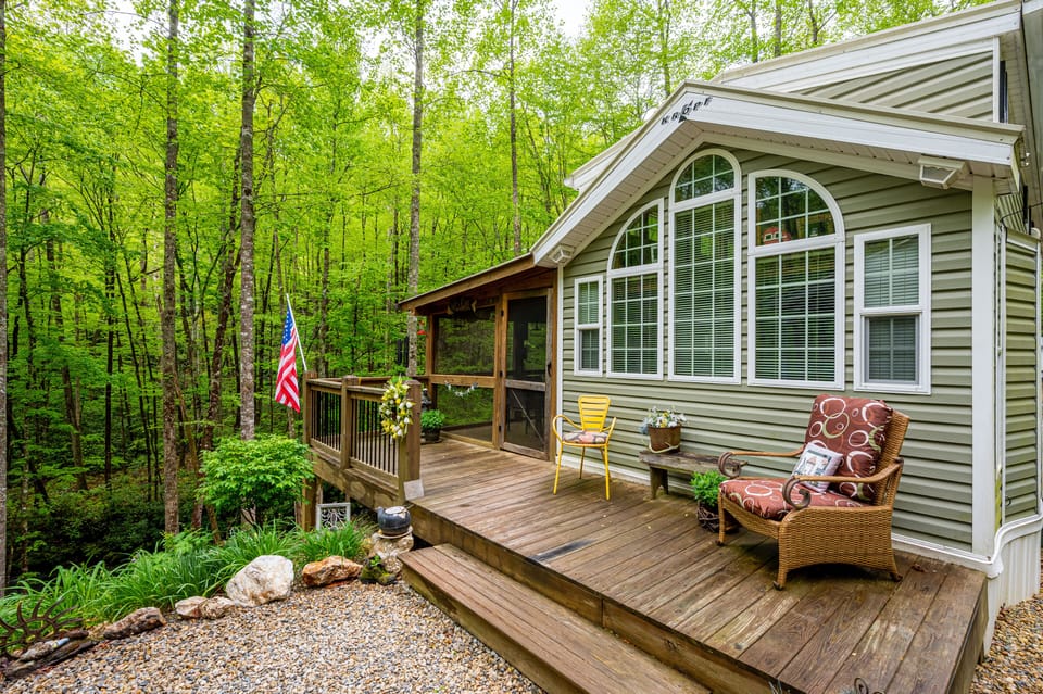 Enter through the screened porch of our home to access the glamping cabin.