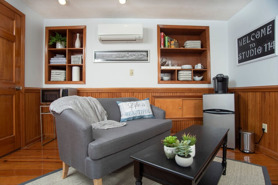 Studio stays climate controlled by a ductless unit with remote control.