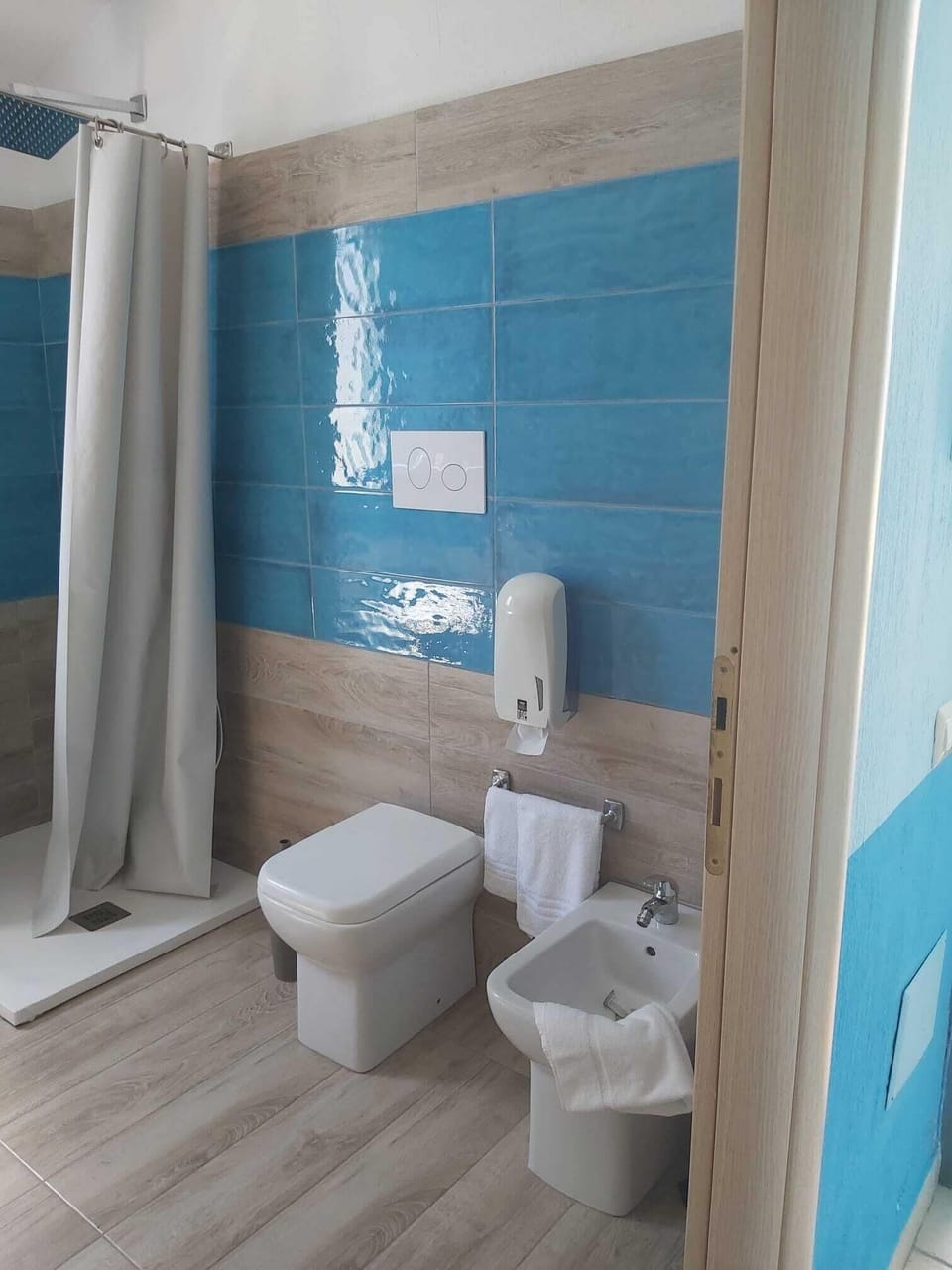 Shower, free toiletries, bidet, towels