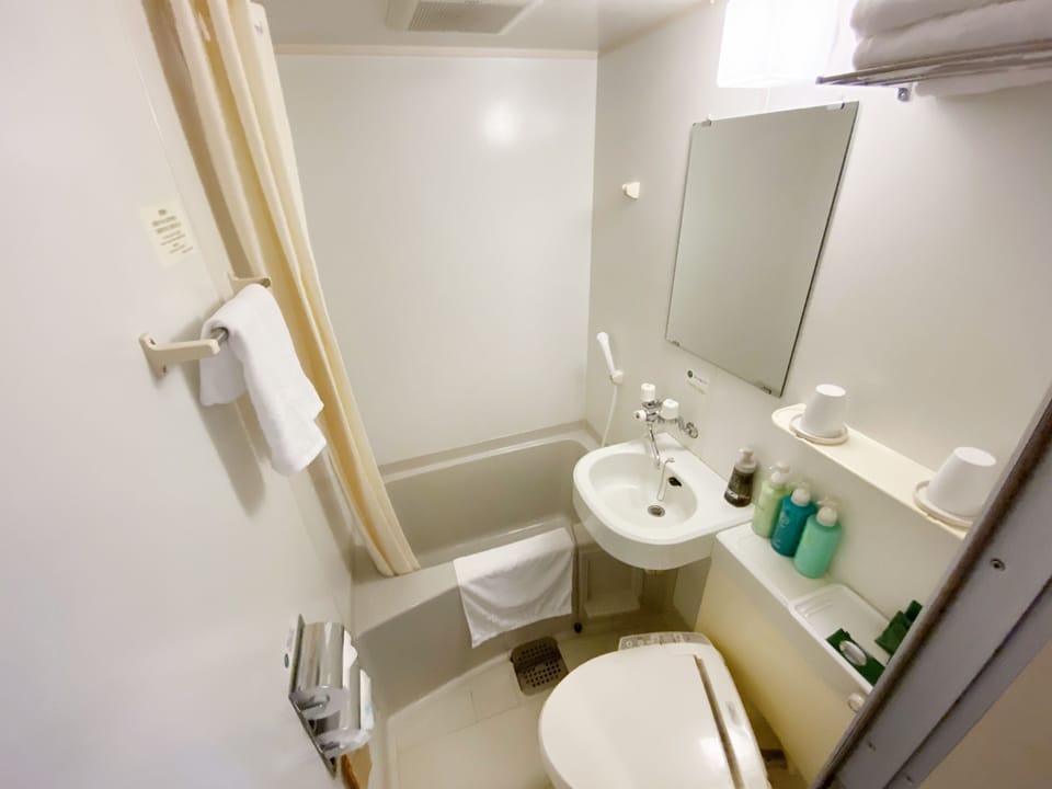 Combined shower/tub, free toiletries, hair dryer, slippers