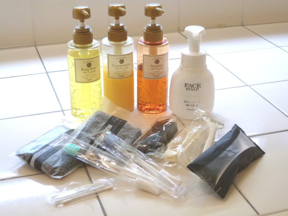Combined shower/tub, free toiletries, hair dryer, slippers