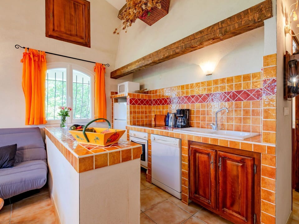 Cabinetry, Furniture, Countertop, Picture Frame, Wood, Orange, Interior Design, Lighting, Kitchen, Window