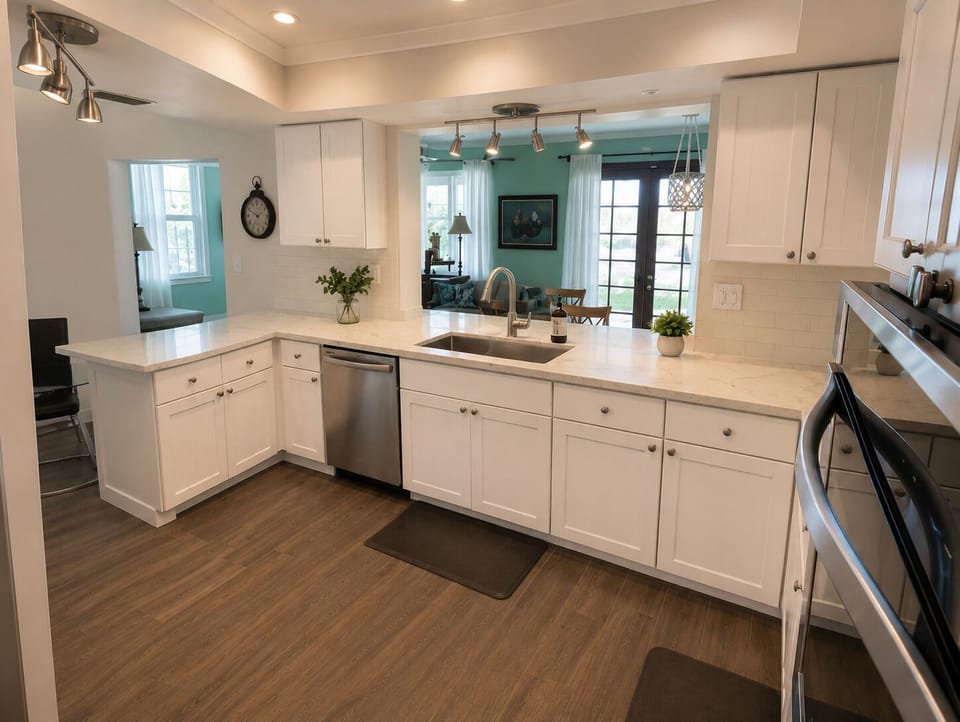 Quartz countertops, appliances, Coffee machine, French Press, Pots.