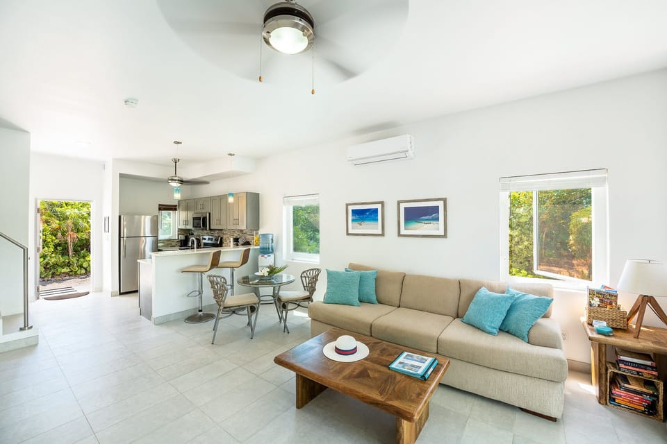 The lower floor living area and kitchen with breakfast bar. 60" smart TV