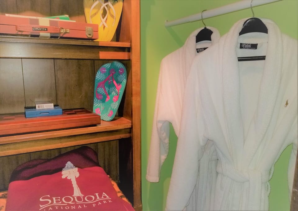 Closet with two robes, blankets, extra pillows, flip-flops and games.