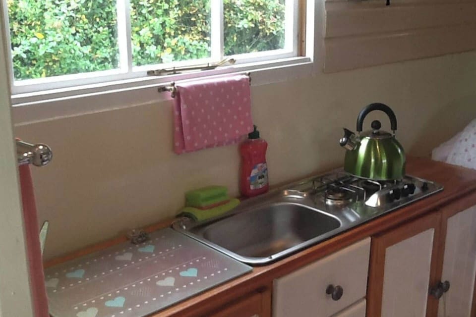 Fridge, stovetop, electric kettle, toaster