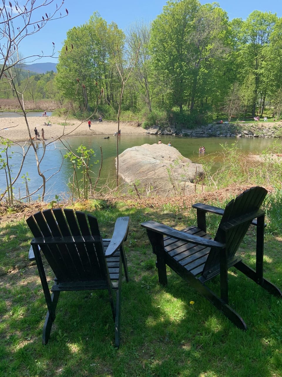 View of river and beach from back yard. 
