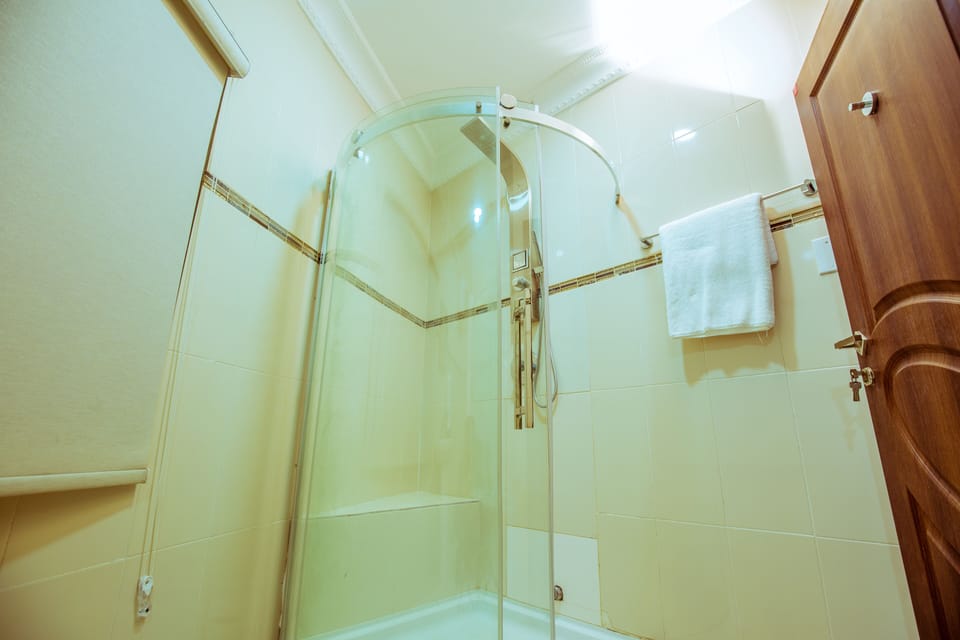 Shower, rainfall showerhead, free toiletries, towels