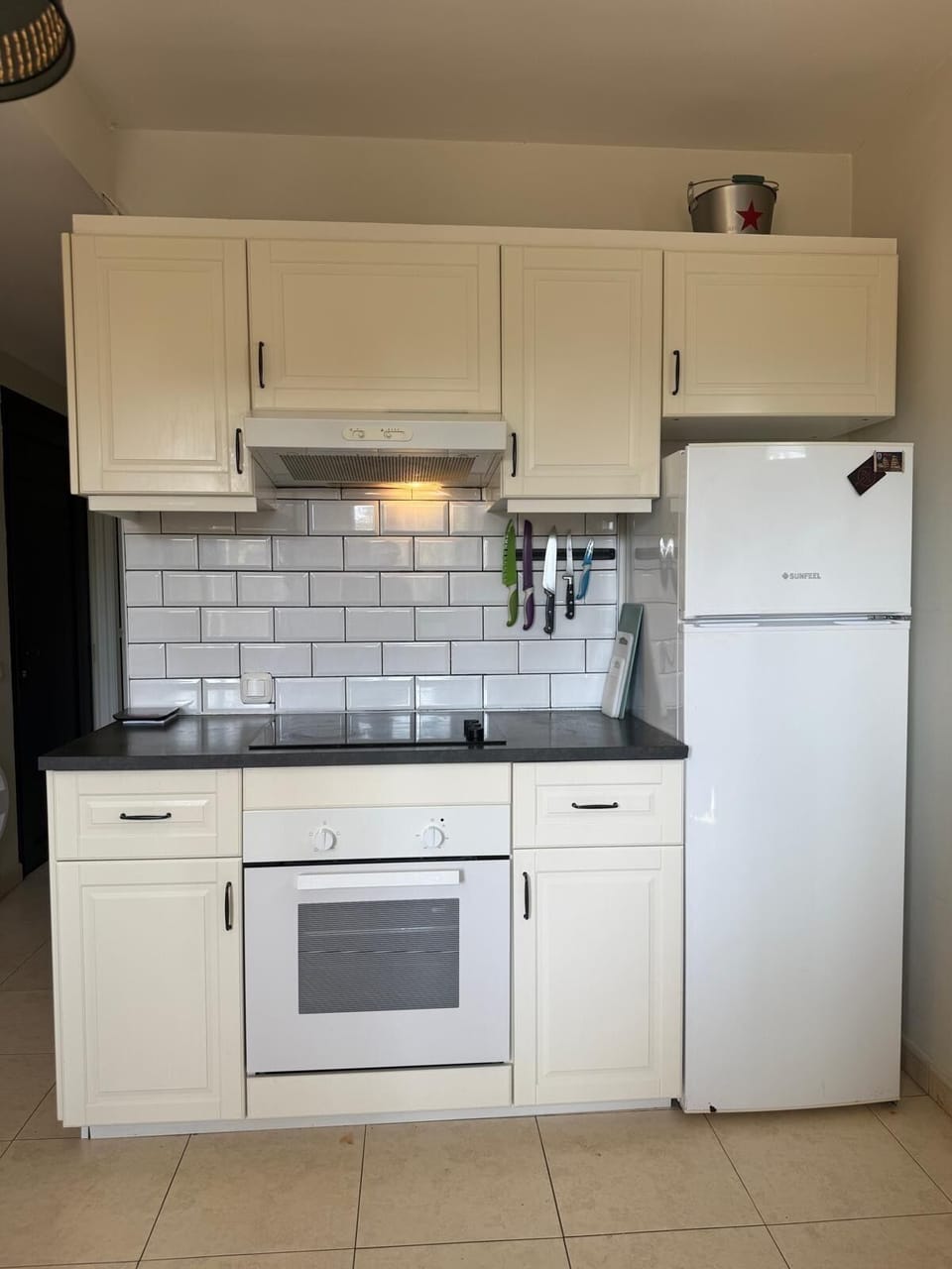 Cooking area, with oven electric 3 plate hob and fridge with freezer.