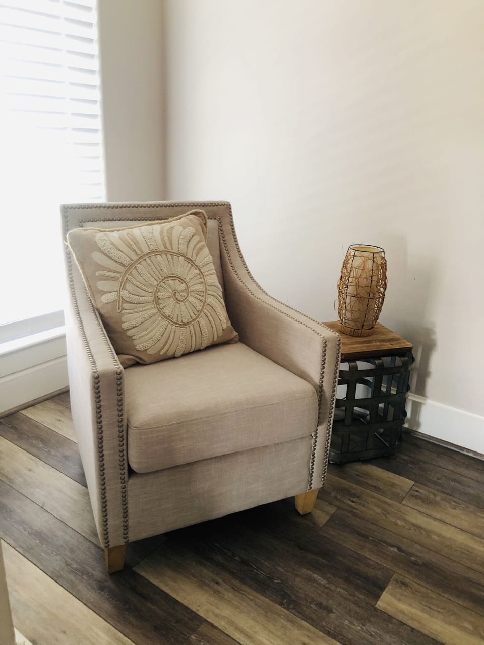 Sitting or book reading area in alcove of third floor stair landing.  