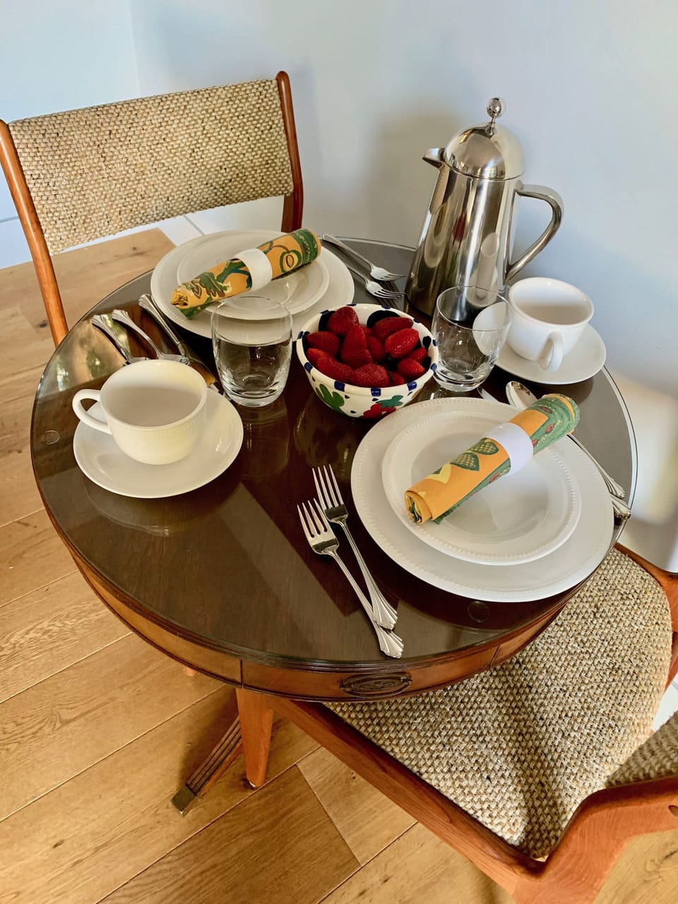 Breakfast for 2 with fresh berries, scones and french press coffee