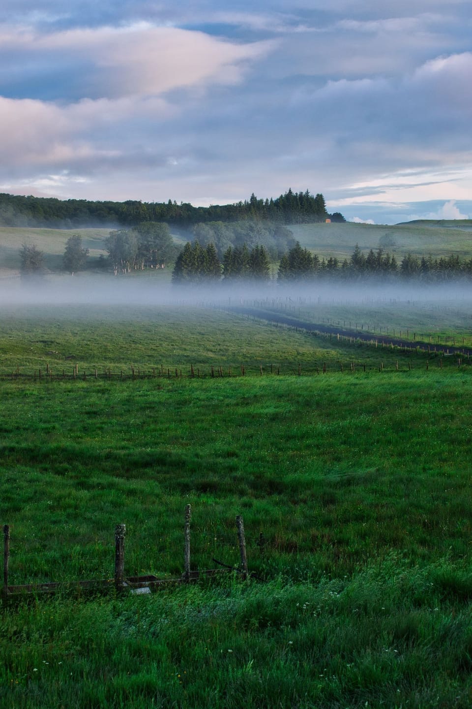 Misty dawn over the pastures surrounding Rignac, Aveyron, France.