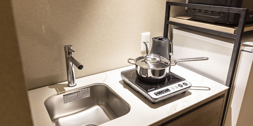 Fridge, microwave, electric kettle