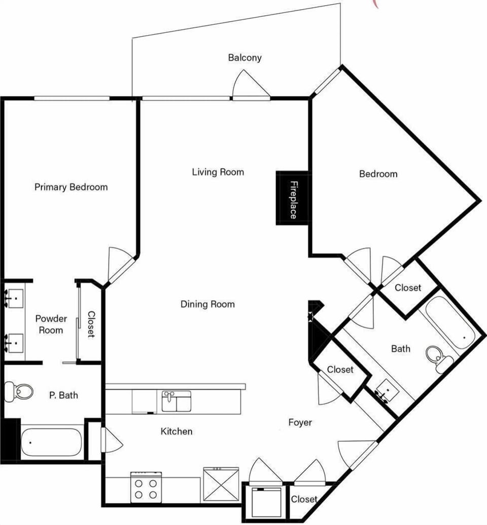 Property floor plan showing two bedrooms, kitchen, dining area, living room, and balcony in this well-designed layout.