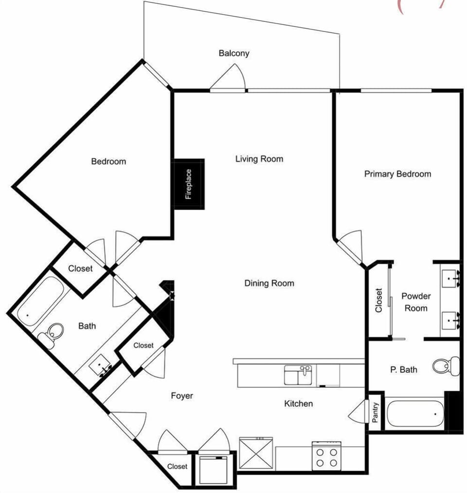 Navigate your spacious retreat with this detailed floor plan showing two bedrooms, full kitchen, and private balcony.