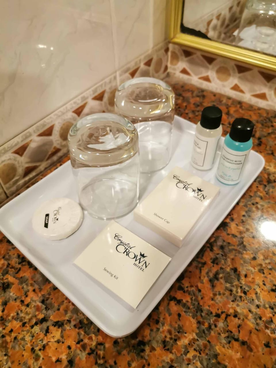 Hair dryer, towels, soap, shampoo