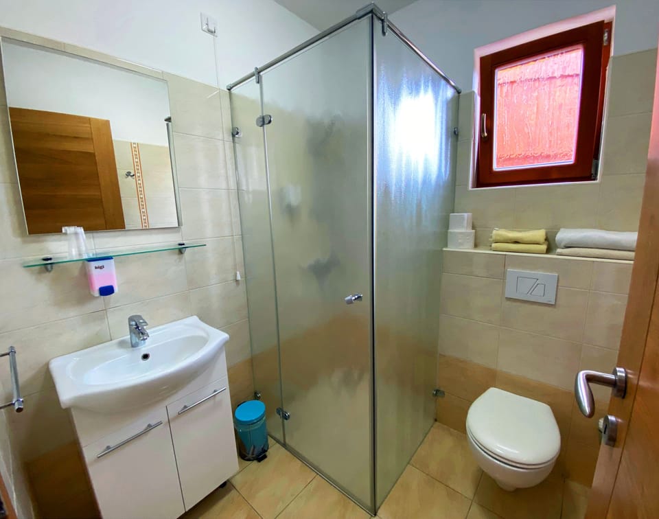 Shower, hair dryer, towels