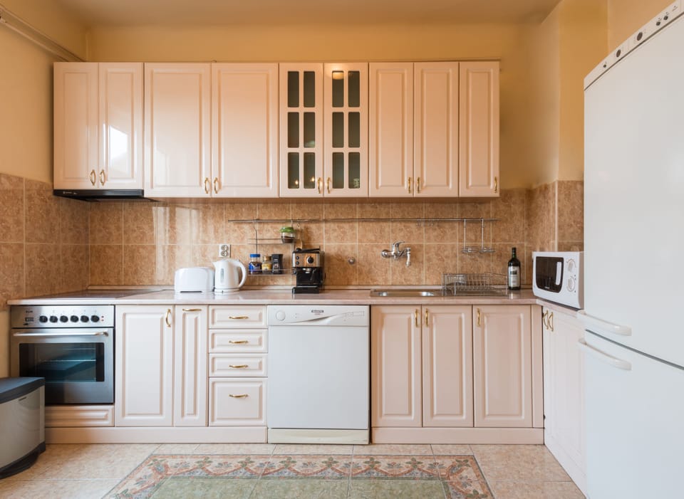 Full-size fridge, microwave, stovetop, dishwasher