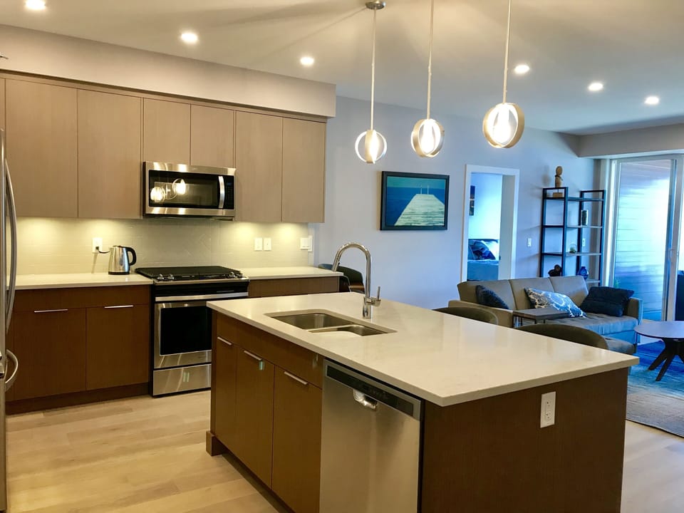 Fully stocked entertainers kitchen with quartz countertops
