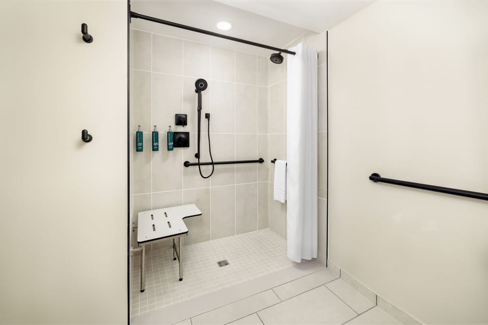 Room, 1 Queen Bed, Accessible (Mobility, Roll-In Shower) | Bathroom | Free toiletries, hair dryer, towels, soap