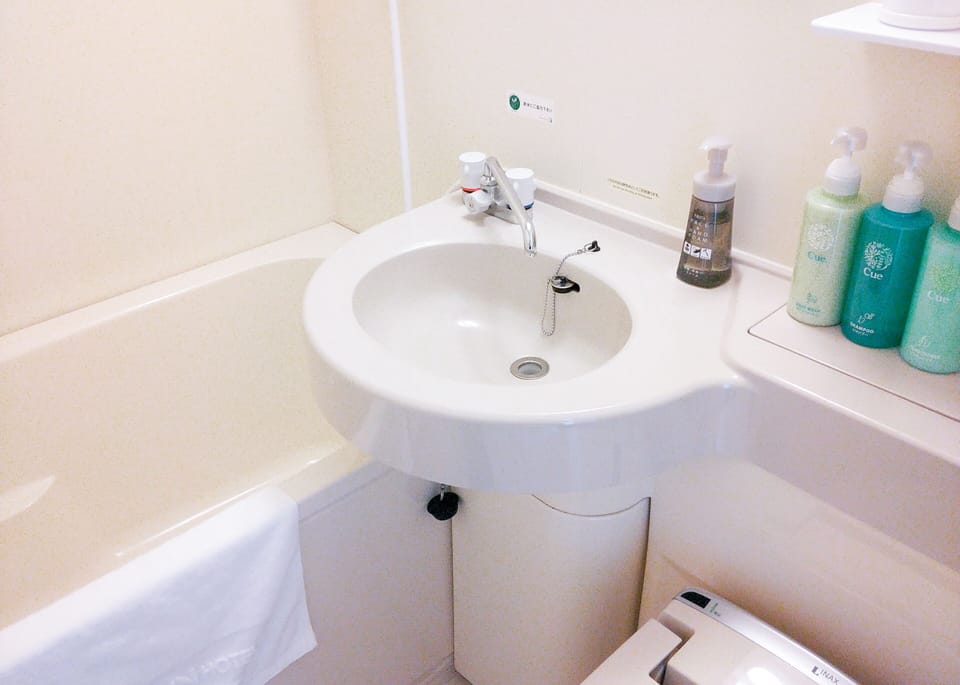 Combined shower/tub, hair dryer, slippers, towels