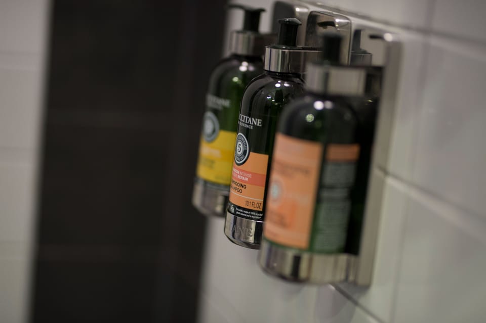 Shower, free toiletries, hair dryer, towels