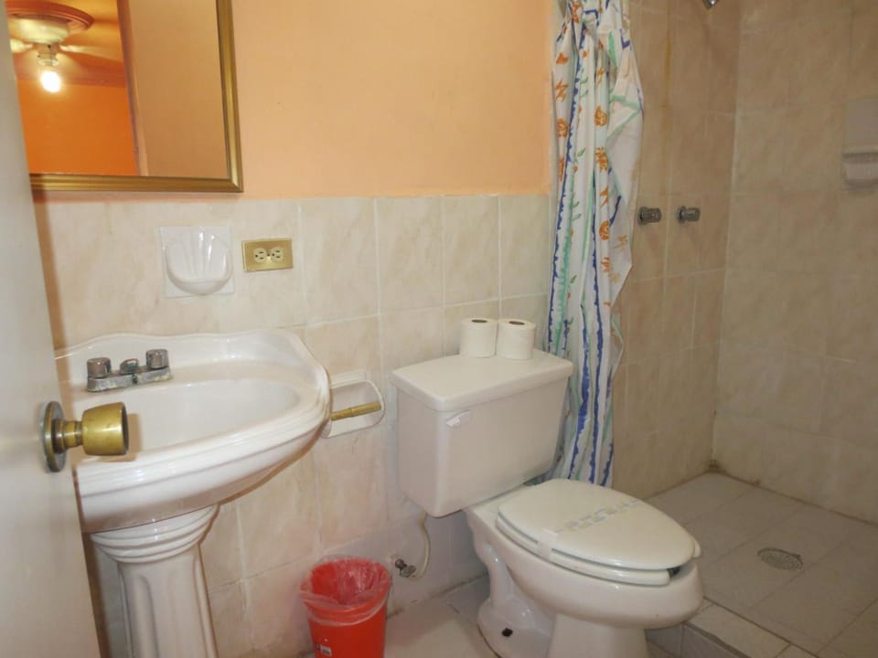 Shower, towels, soap, toilet paper
