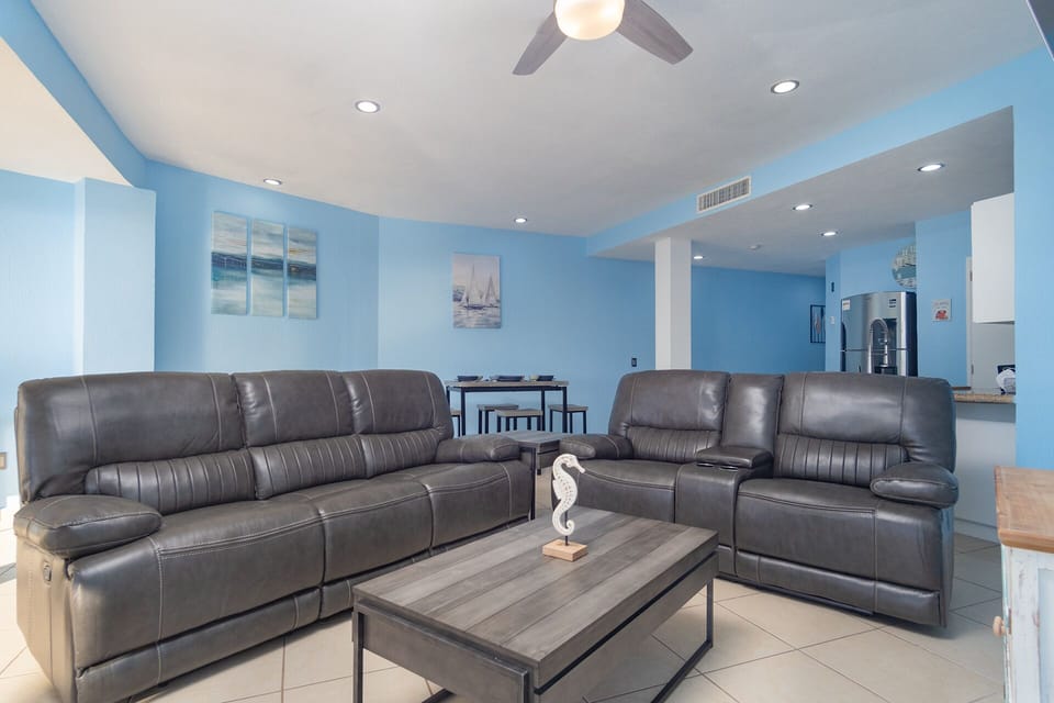 leather sofa and recliner in the living room