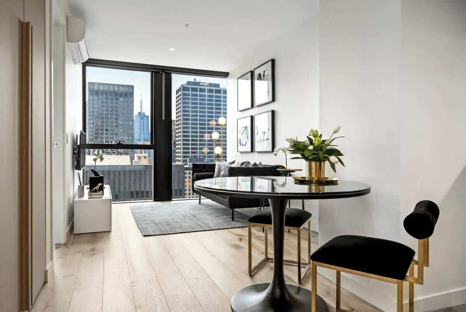 Dining table with a city view