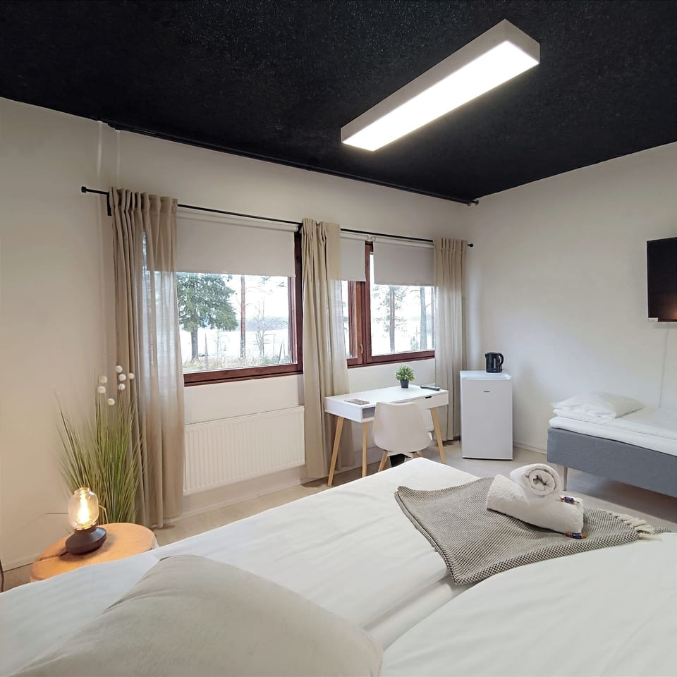 Individually decorated, desk, laptop workspace, blackout drapes