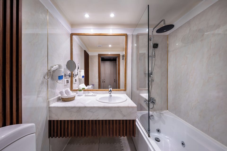 Combined shower/tub, free toiletries, hair dryer, bathrobes